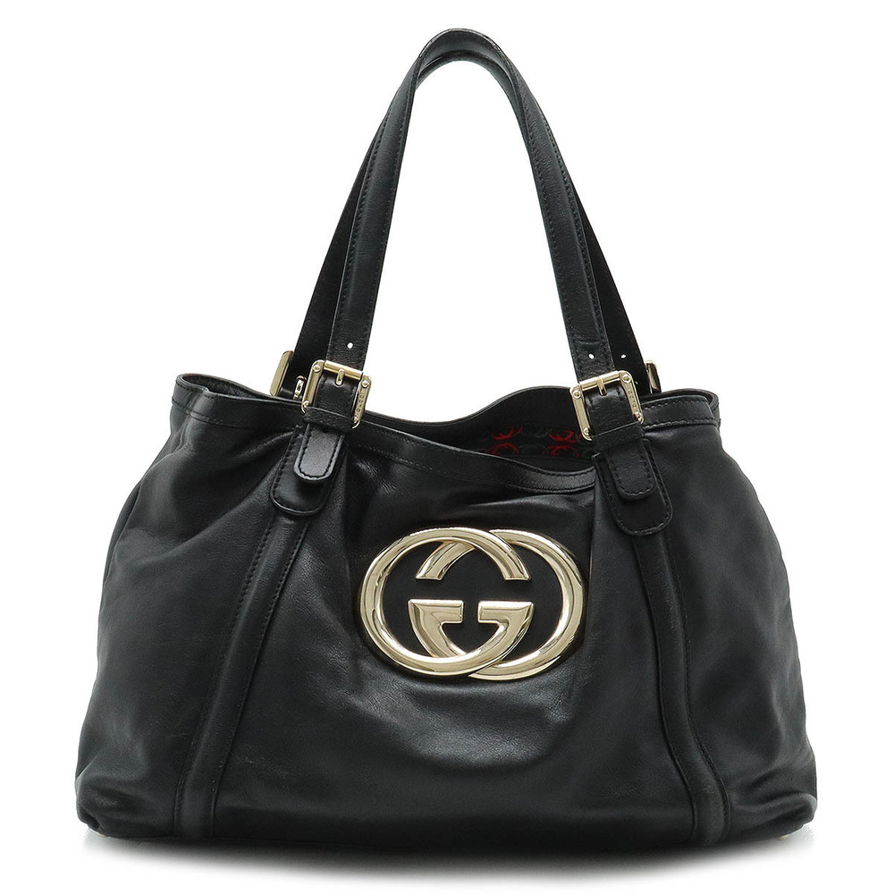 Gucci Brit Double G Sherry Tote Bag Shoulder Leather Black